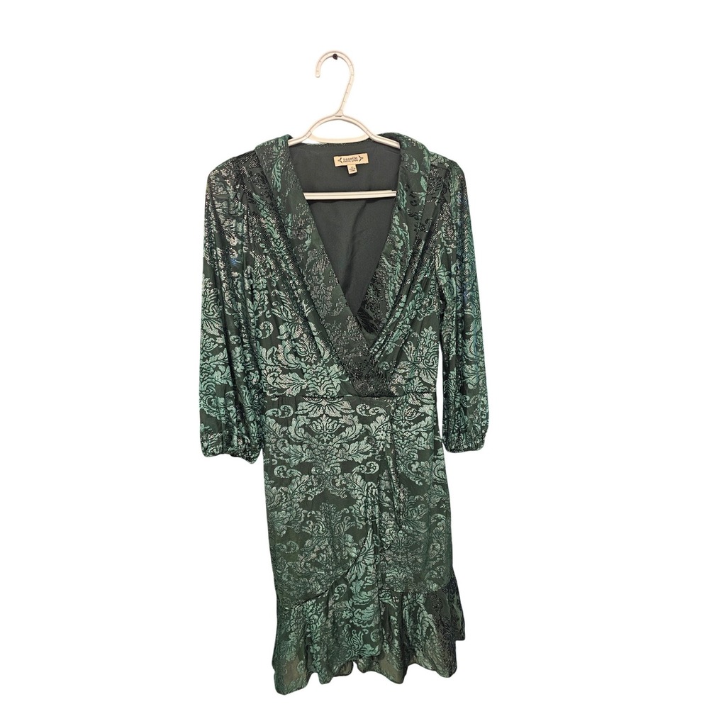 Nanette Lepore‎ Hunter Green Damask Metallic Faux Wrap Dress Size 10 Ruffle Hem